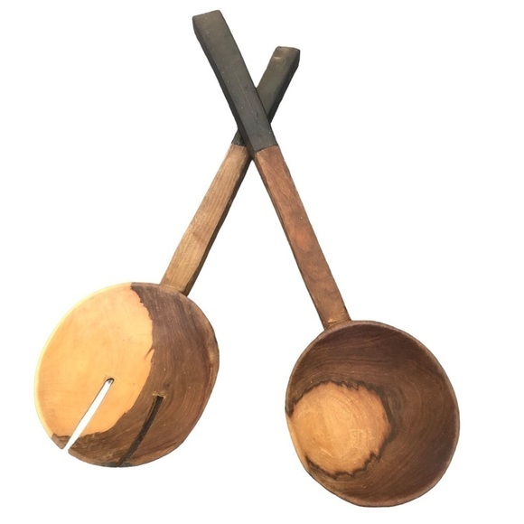 VTG Primitive Set 2 Tone Wood Salad Server Fork Scoop Spoon 13.5” Decorative - Picture 1 of 6